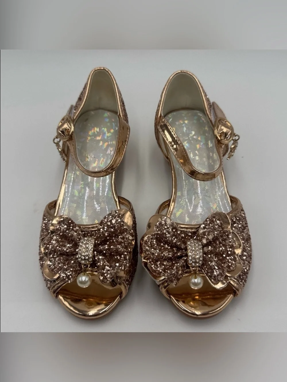 Girls Rose Gold Glitter Bow Dress Sandals with Pearl Accent Size 13